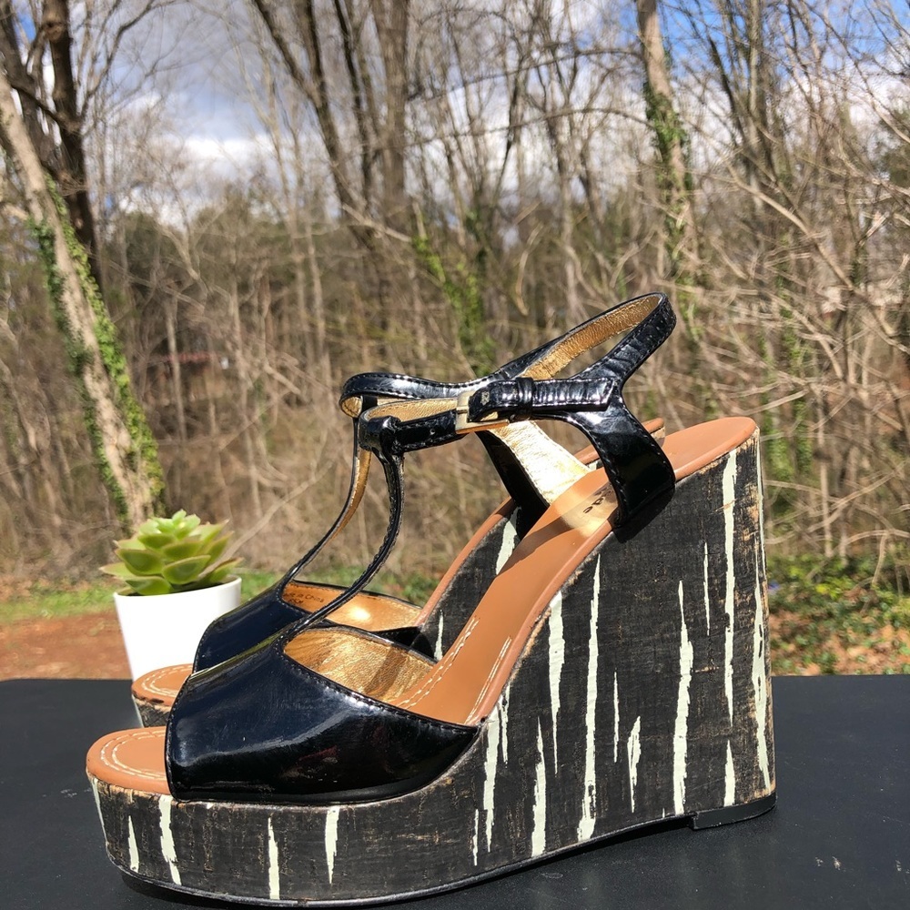 KATE SPADE New York Black Patent Leather Cork Wedge Platform Size 6.5‎ M (b10)
